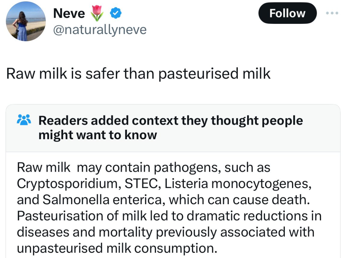 screenshot - Neve Raw milk is safer than pasteurised milk Readers added context they thought people might want to know Raw milk may contain pathogens, such as Cryptosporidium, Stec, Listeria monocytogenes, and Salmonella enterica, which can cause death. P